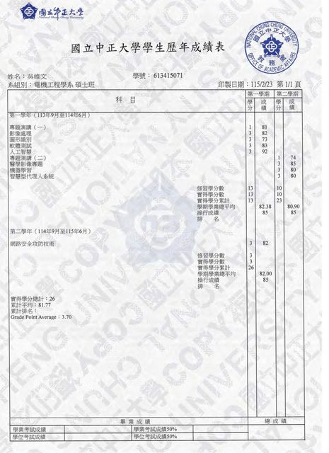 碩士歷年成績單(中英)